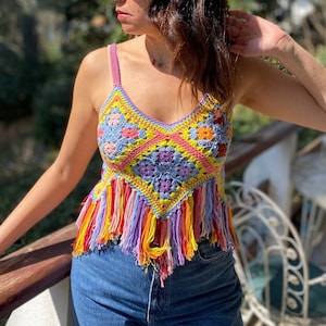 Colorful Fringed Crochet Crop Top, Boho Tank Top,Crochet Tank Crop top,Festival Top