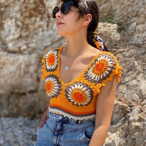 Granny Square Crochet Crop Top, Orange Handmade Bustier, Crochet Festival Top, Crochet Crop Blouse, Summer top