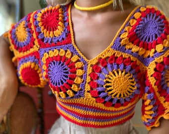 Granny Square Crop Top,Colorful Crochet Crop Top,Crochet Festival Top,Crochet Boho Top,Bikini top,Beachwear