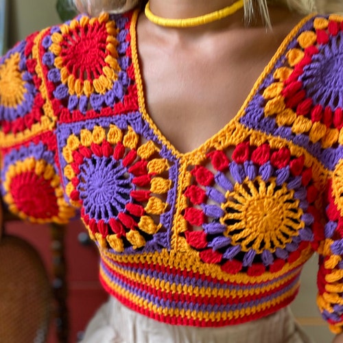 Granny Square Crop Top,Colorful Crochet Crop Top,Crochet Festival Top,Crochet Boho Top,Bikini top,Beachwear