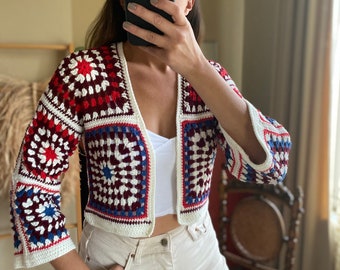 Granny Square Cardigan,Patchwork Crochet Cardigan,Crochet jacket,Crop Cardigan,Women Cardigan