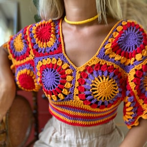 Granny Square Crop Top,Colorful Crochet Crop Top,Crochet Festival Top,Crochet Boho Top,Bikini top,Beachwear