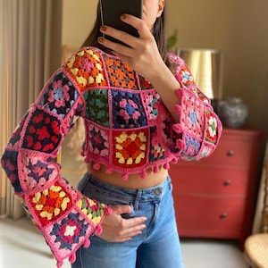 Granny Square Crop Top,Long Sleeve Top,Crochet Crop Sweater,Festival Top ,Crochet Patchwork Top