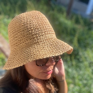Natürliche Farbe häkeln Eimer Hut, Sommer Hut, Unisex häkeln Hut, handgestrickte Eimer Hut