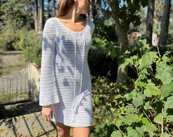 Handmade Crochet Mini Dress: Cotton Long Sleeve Beach Cover-Up