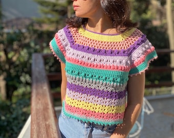 Rainbow Crochet crop Blouse,Summer Crop Blouse ,Crochet Blouse,Festival Crop Blouse
