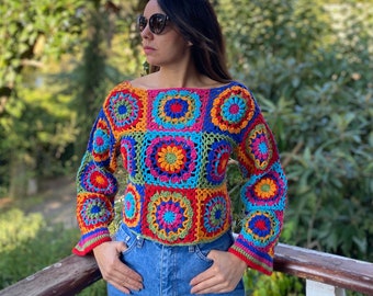 Granny Square Crop Sweater,Crochet Crop Sweater,Crochet Patchwork Crop Top