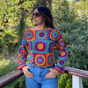 Granny Square Crop Sweater, Crochet Crop Sweater, Crochet Patchwork Crop Top, Handmade Bustier