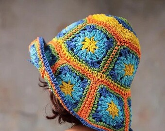 Granny Square Raffia Bucket hat,Handmade Bucket Hat,Boho Bucket hat for women,Hand Knitted Bucket Hat