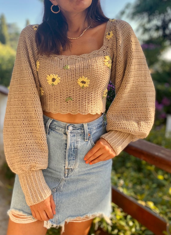 Flower Embroidered Crochet Crop Top, Long Sleeve Crochet Top,summer Crop Top,festival  Top -  Canada