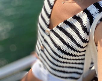 Handmade Crochet Striped Vest: Black & White Cotton Knit Tank