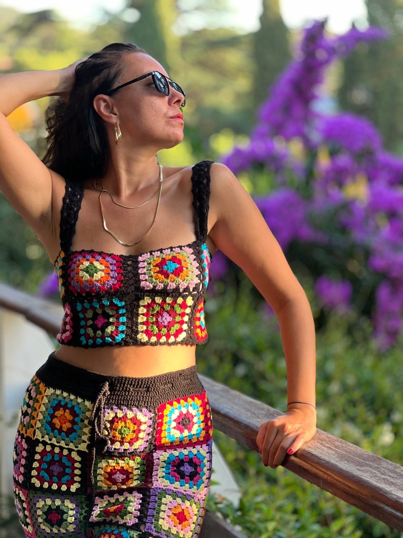 Granny Square Crochet Crop Tophandmade Crop Topbikini Top - Etsy