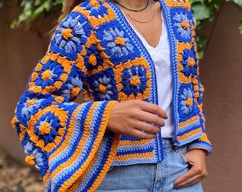 Granny Square Crochet Cardigan, Bohemian Crop Cardigan,Crochet jacket,Crop Cardigan,Women Cardigan