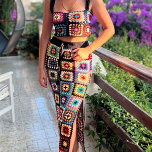 Granny Square Crochet Maxi Skirtcrochet Skirtpatchwork - Etsy