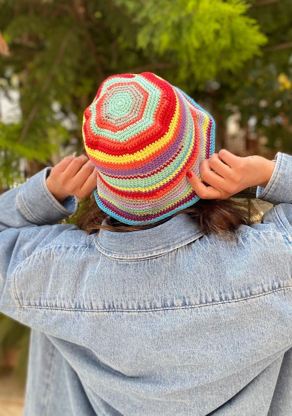Multicolor Crochet Bucket Hat - Women\'s Cozy Knit Hat Women-Crochet-Hat-Knitted Floral Bucket-Hat-Handmade Plaid  main image 4