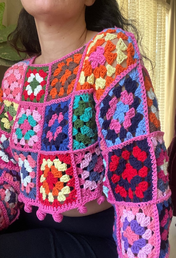 Handmade Crochet Granny Square Crop Top, Long Sleeve Cotton