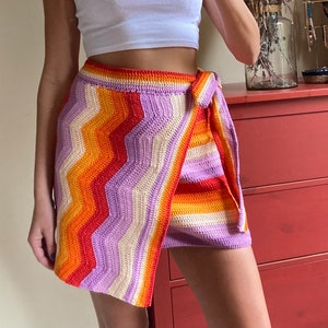 Rainbow Crochet Mini Skirt, Wrap Crochet Skirt, Mini Crochet skirt