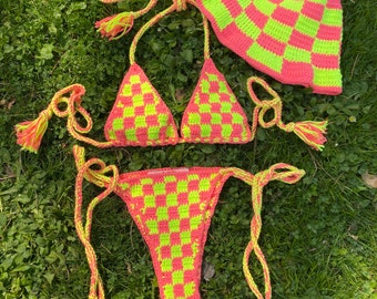 3 Pieces Crochet Bikini Set,Handmade Bikini set,Bikini Bucket Set,Crochet Bucket Hat,Sexy Biki Set