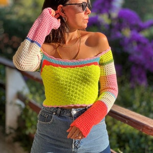 Crochet Crop Top, Multicolor Bustier, Long Sleeve Crop,Crochet Festival Top,Crochet Boho Top,Bikini Top