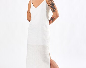 White Linen Dress,Midi Tank Dress,Linen Summer Dress