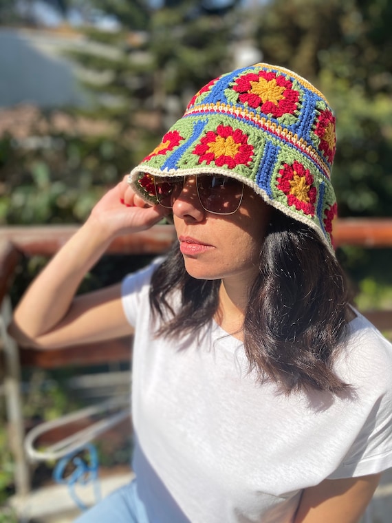 Handmade Granny Square Festival Hat – Boho Crochet Bucket  display picture 3