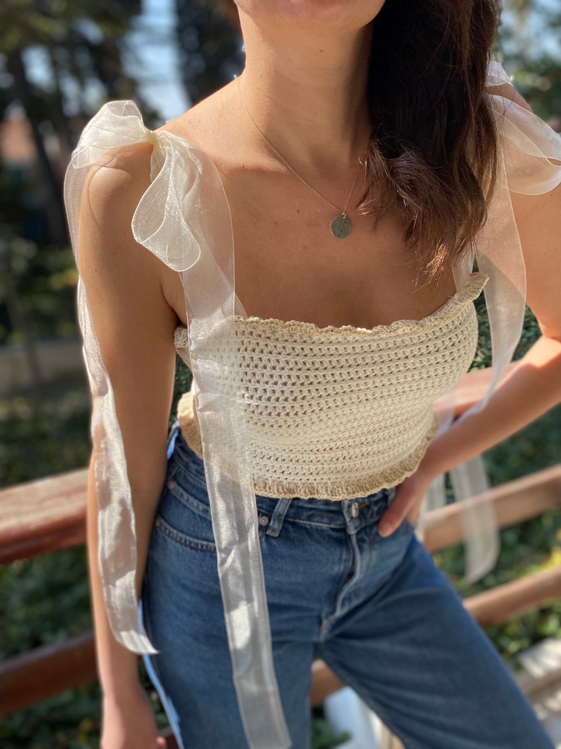 Crochet Tank Top ,Crochet Crop top, Cream Top, Crochet Bustier image 6