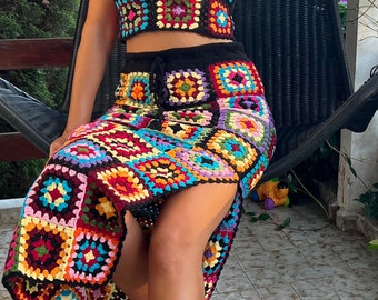 Granny Square Crochet Maxi Skirt,Crochet Skirt,Patchwork Handmade Skirt,Boho Skirt,Slit Skirt