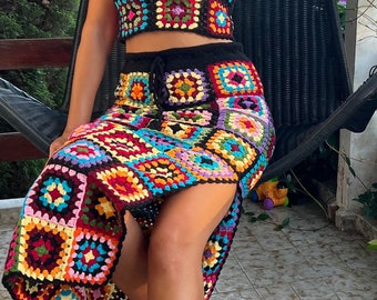 Granny Square Crochet Maxi Skirt,crochet Skirt,patchwork