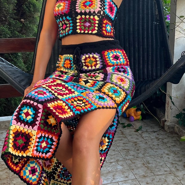 Granny Square Crochet Maxi Skirt,Crochet Skirt,Patchwork Handmade Skirt,Boho Skirt,Slit Skirt