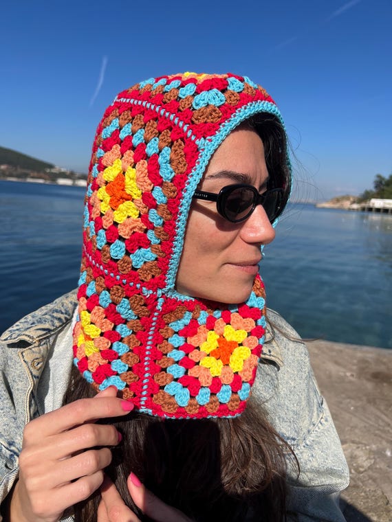 Handmade Crochet Granny Square Balaclava Knit Hat Beanie Hood in Multicolor‎ il_fullxfull.4595490507_du31.jpg main image 4
