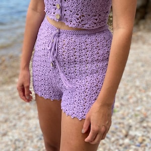 Lavender Crochet Shorts – Handmade High Waist Boho Shorts – Summer Beachwear – Custom Size & Color Available