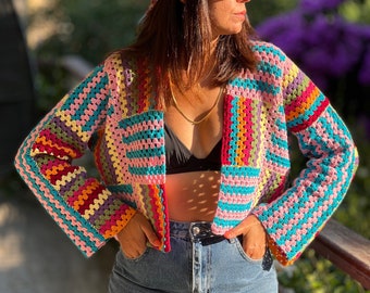 Patchwork Crochet Cardigan,Crochet Crop Cardigan,Handmade Boho Cardigan,Cotton women Cardigan