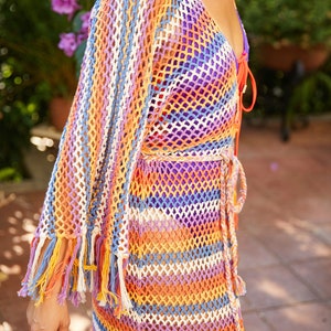 Colorful Crochet Cover Up, Handmade Beachwear,Crochet Midi Kimono,Festival Clothing image 5