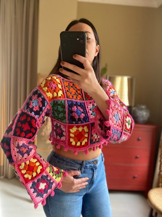 Granny Square Crop Top,long Sleeve Top,crochet Crop Sweater