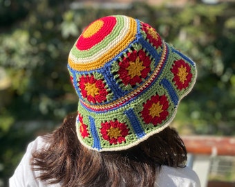 Handmade Granny Square Festival Hat – Boho Crochet Bucket Hat – Retro Summer Accessory