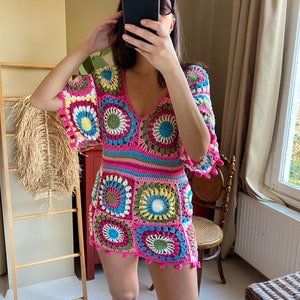 Granny Square Dress,Crochet Mini Dress,Deep V Mini Dress,Beachwear,Summer Mini Dress,Sexy Dress image 5