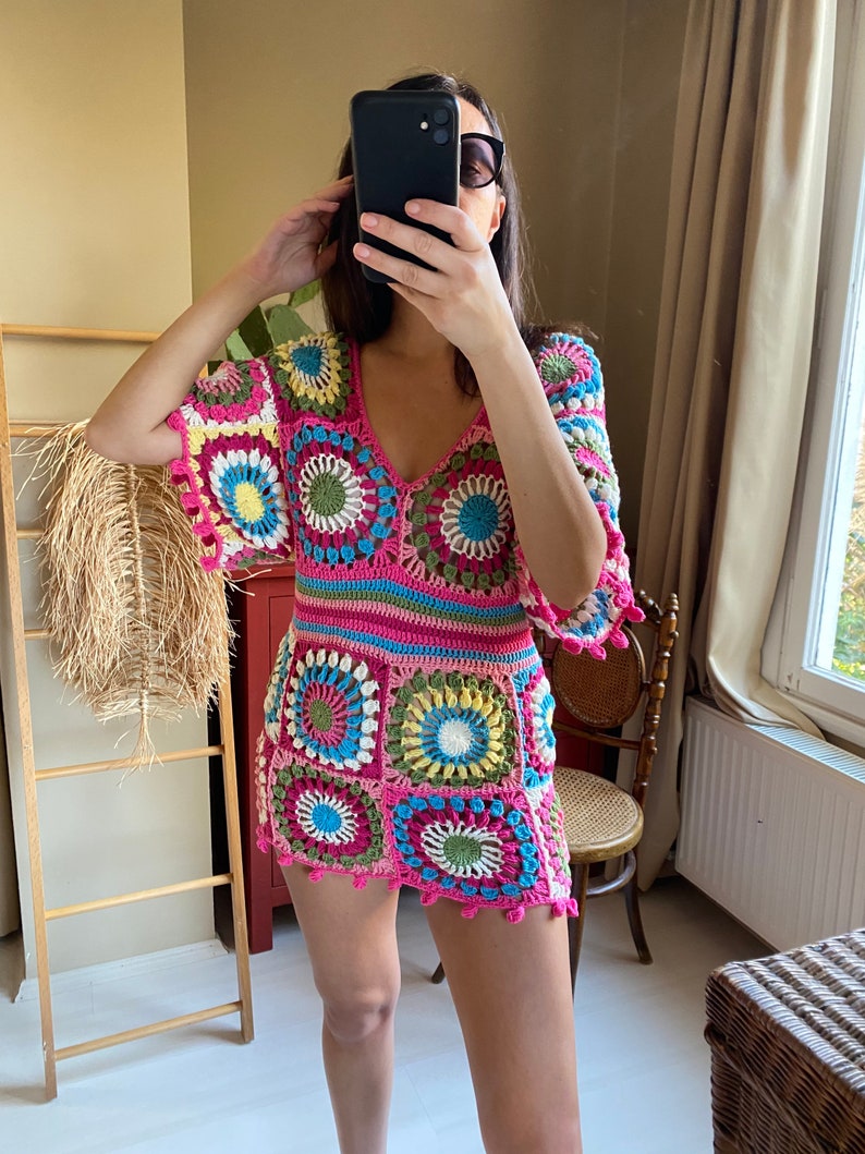 Granny Square Dress,Crochet Mini Dress,Deep V Mini Dress,Beachwear,Summer Mini Dress,Sexy Dress image 5