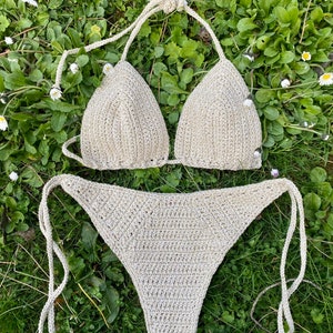Minimalist Crochet Bikini Set – Shiny Beige Handmade Triangle Top and Tie Side Bottom – Natural Boho Swimwear – Custom Size XS to XL
