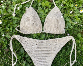 Handmade Crochet Bikini Set – Beige Cotton Boho Swimwear