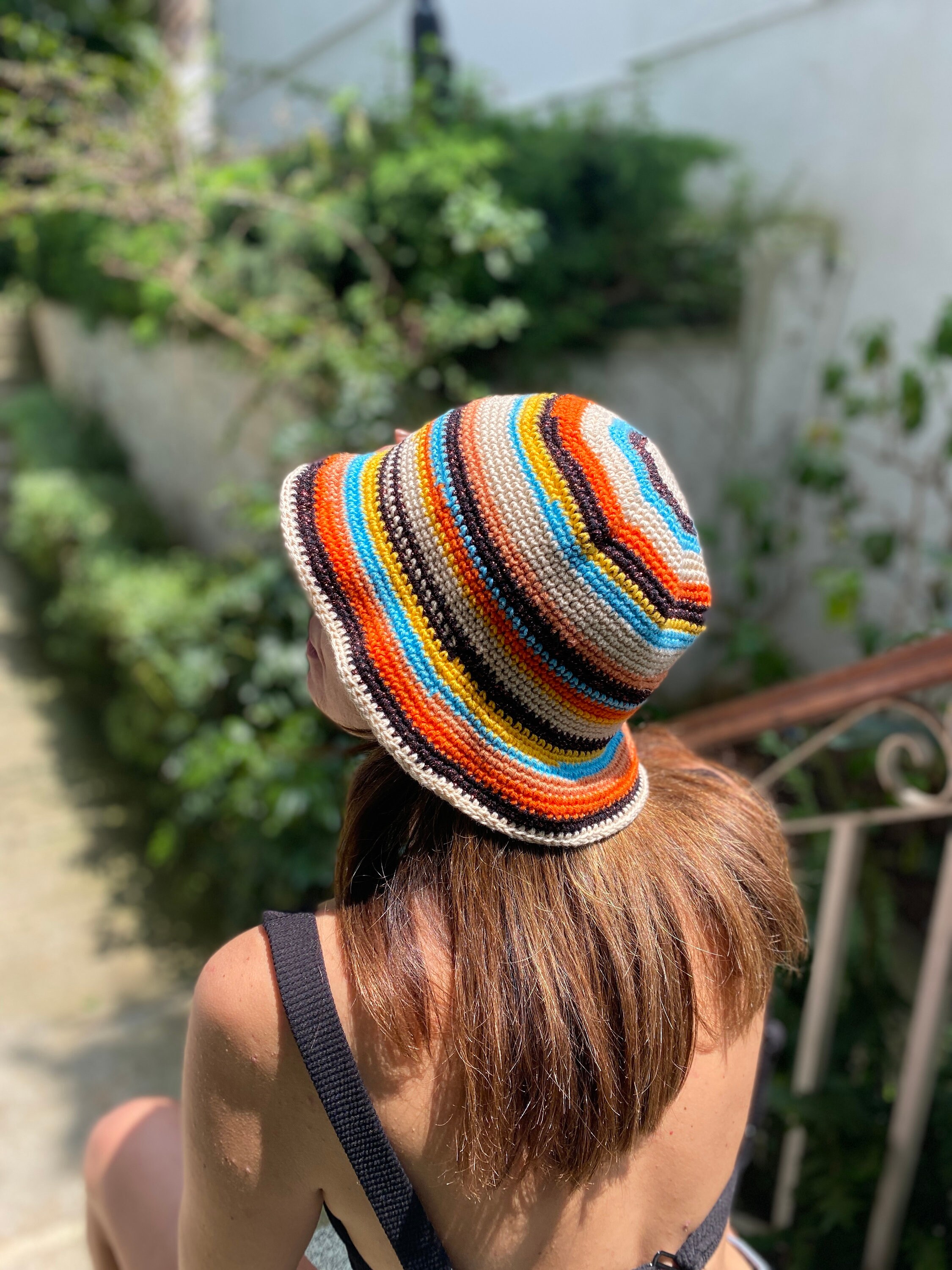 Colorful Striped Knit Beret bucket hat Colorful Striped Crocheted Bucket Hat, Cotton Sun Hat  main image 2