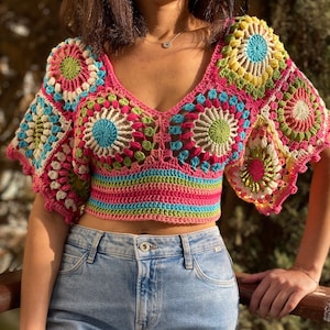 Granny Square Crop Top,Colorful Crochet CropTop,Crop Top,Crochet Festival Top, Summer Crop Blouse
