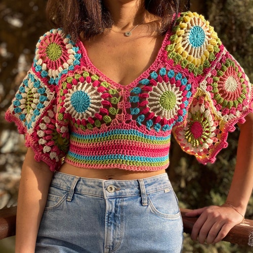 Granny Square Crop Top,Colorful Crochet CropTop,Crop Top,Crochet Festival Top, Summer Crop Blouse