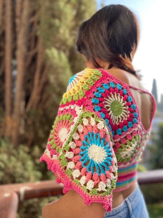 Granny Square Crop Top,colorful Crochet Croptop,crop Top