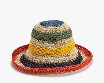 Raffia Stripe Bucket hat,Colorful Handmade Bucket Hat,Boho Bucket hat for women, Crochet Bucket Hat