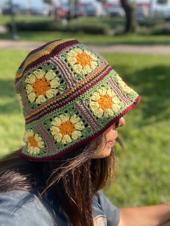 Green Yellow Crochet Bucket Hat – Cotton Granny Square  display picture 3