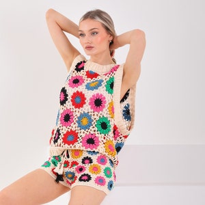 Granny Square  Sweater, Cotton handmade Sweater, Handmade Sleeveless Sweater, Colorful Crop Top