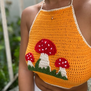 Crochet Orange Crop Top, Mushroom Halter Top, Bikini Top,Beachwear ,Boho Crop top image 6