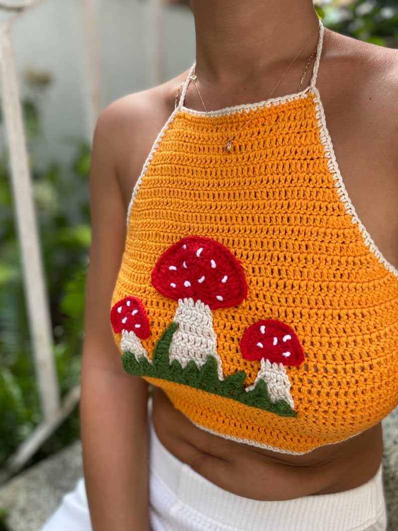 Crochet Orange Crop Top, Mushroom Halter Top, Bikini Top,Beachwear ,Boho Crop top image 6