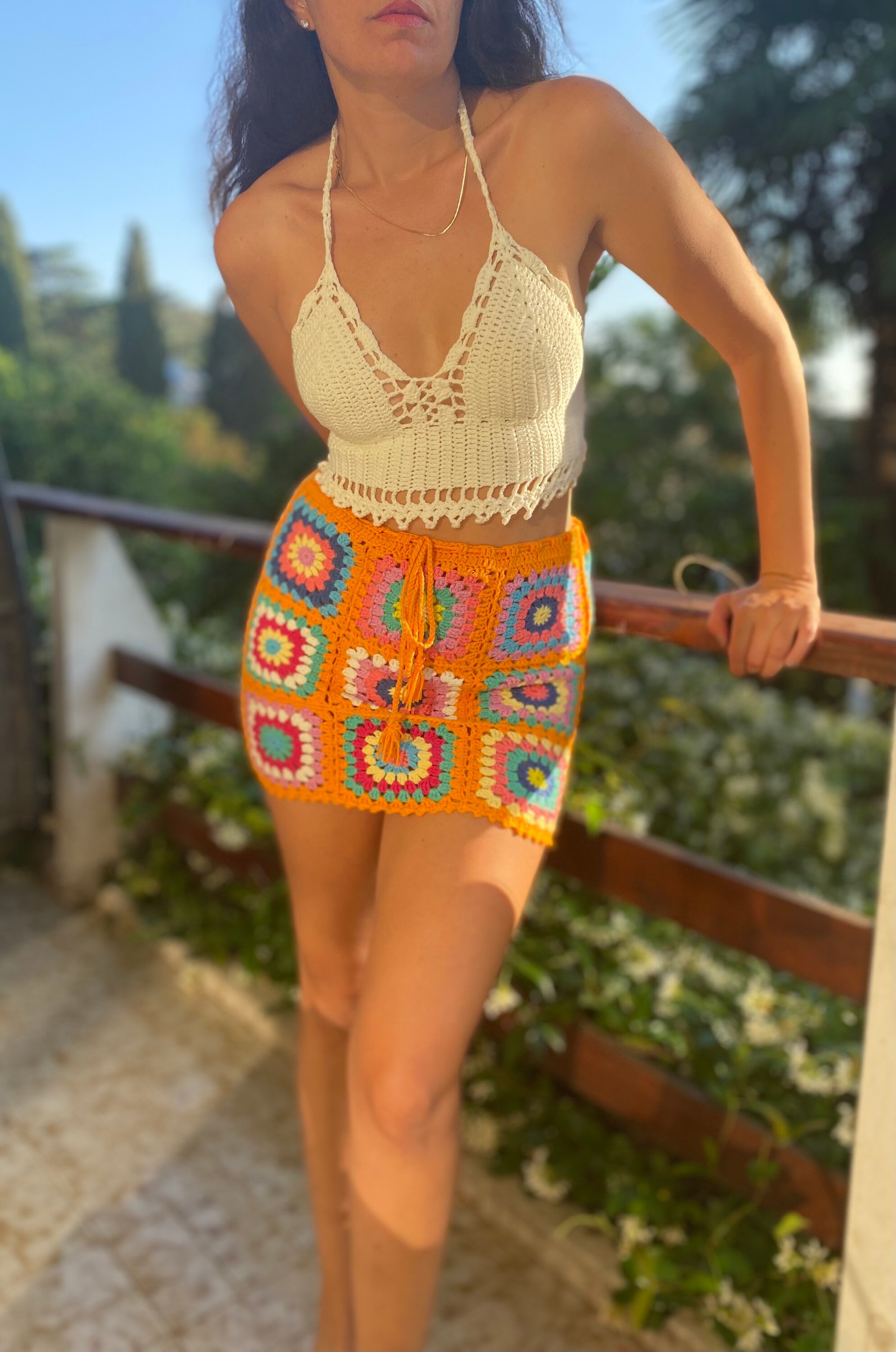 Orange Granny Square Mini Skirt, Crochet Skirt, Beach Cover