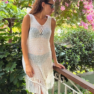 White Crochet Fringe Dress – Handmade Beach Cover Up with Boho Tassel Hem – Sleeveless Summer Dress – Custom Color Options